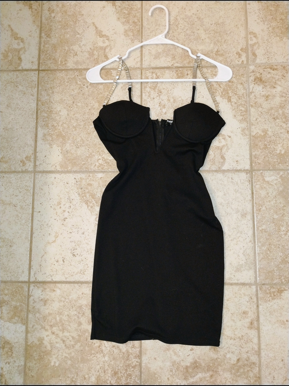 Celebrity Fashion By Hera Collection Black Mini Dress w/ Rhinestone Chain Straps
